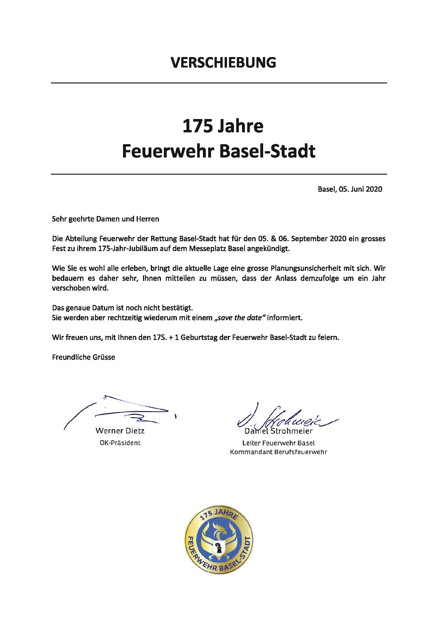 Read more about the article 175 Jahre Feuerwehr Basel wird verschoben!