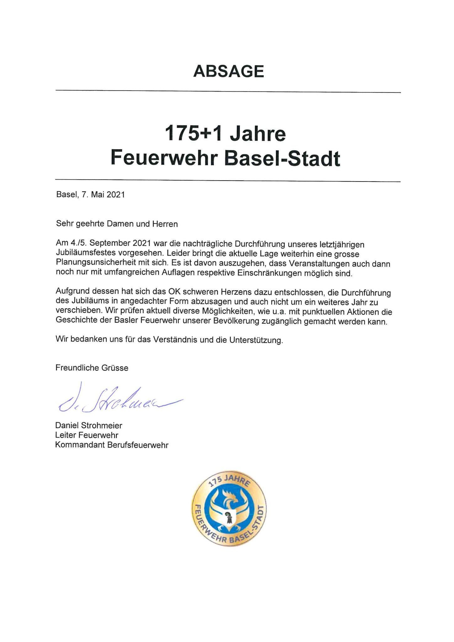 Read more about the article Absage 175+1 Feuerwehr Basel-Stadt