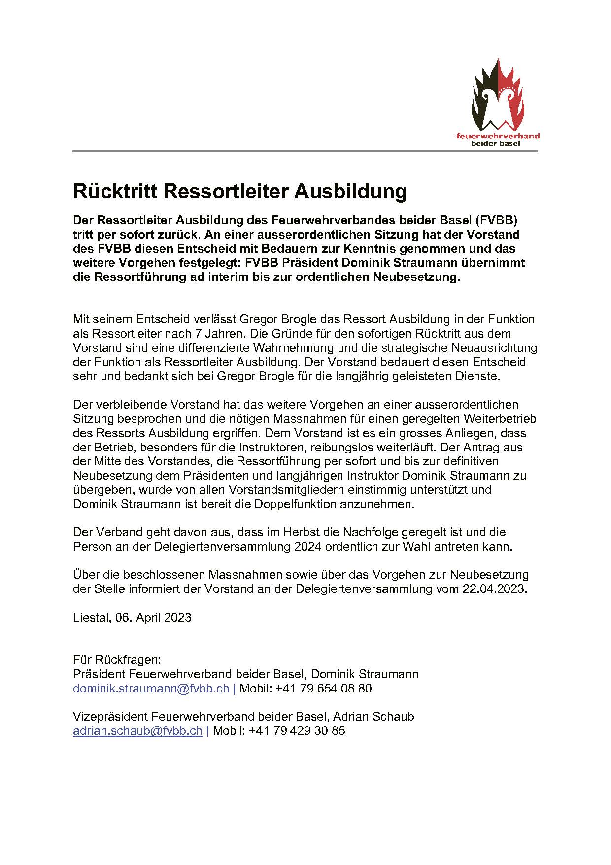Read more about the article Rücktritt Ressortleiter Ausbildung